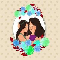 Happy Mother's Day Concept With Young Lady Hugging Her Daughter On Floral Oval Frame Against Brown Heart Pattern Background. vector