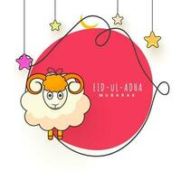 Eid Ul Adha Mubarak Concept With Cartoon Sheep, Crescent Moon, Stars Hang On Red And White Background. vector