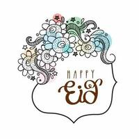 Happy Eid Lettering With Doodle Paisley Floral On White Background. vector