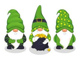 Funny Gnome Character With Cauldron Full Of Coins On White Background. vector