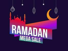 Ramadán mega rebaja póster diseño con degradado mezquita, creciente luna, garabatear linternas y estrellas colgar en púrpura antecedentes. vector