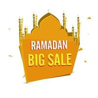 Ramadán grande rebaja póster diseño con naranja mezquita etiqueta en blanco antecedentes. vector