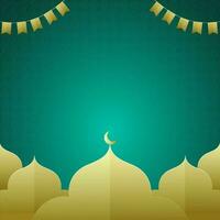 Paper Cut Style Mosque And Bunting Flags On Teal Clover Pattern Background And Given Space For Text Your Message. vector