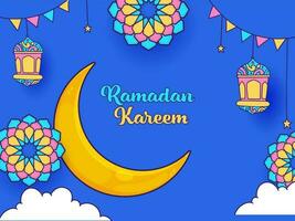 Ramadán kareem fuente con creciente luna, floral diseño, linternas, estrellas colgar y verderón banderas decorado en azul antecedentes. vector