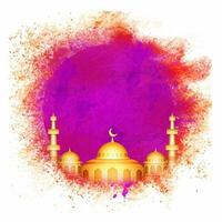 3D Golden Mosque Illustration On Abstract Purple And Red Grunge Background With Copy Space. vector