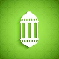 White Arabic Paper Lantern On Green Floral Pattern Background And Copy Space. vector