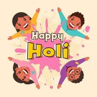 Top View Of Cheerful Kids Playing Holi With Each Other On Peach Background. vector