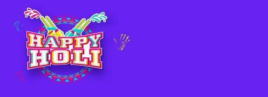 Sticker Style Happy Holi Font With Splashing Color Guns  And Handprints On Violet Background. Banner Or Header Design. vector