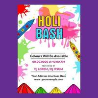 Holi Party Flyer Or Invitation Card With Color Guns, Powder Plates And Splash Effect On White Background. vector