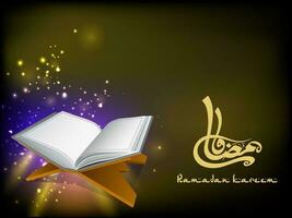 Arabic Calligraphy Of Ramadan With Realistic Holy Quran Book At Rehal And Lights Effect On Brown Background. vector