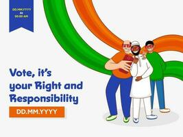 Vote, It's Your Rights And Responsibility Font With Voter Men Showing Index Finger And Take Selfie From Smartphone On Tricolor Wave Background. vector