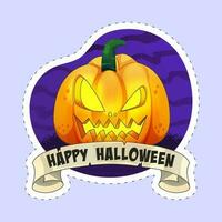 pegatina estilo contento Víspera de Todos los Santos fuente con Jack-o-lantern en Violeta y azul antecedentes. vector