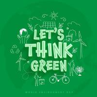 3D Lets Think Green Font With Environment Icons On Green Background. vector