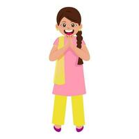 Cheerful Indian Girl Doing Namaste In Standing Pose On White Background. vector