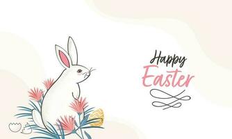 Happy Easter Banner Design With Doodle Rabbit Sitting, Eggs And Floral On White Background. vector