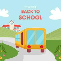 Back to school banner with school and school bus for invitation, poster, banner, promotion sale etc. School supplies cartoon illustration. vector