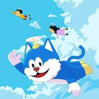 azul gato dibujos animados volador en el cielo vector