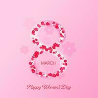 March Of 8 Number Made By Flowers On Pink Background For Happy Women's Day Concept. vector