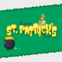 Happy St. Patrick's Day Font With Smoker Leprechaun Man, Cauldron Full Of Coins On Torn Paper Gray And Green Background. vector