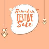 Ramadan Festival Sale Poster Design With Hanging Lamps On White And Peach Background. vector