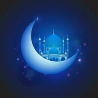 Glossy Crescent Moon With Mosque Illustration On Gradient Blue And Black Light Effect Background For Islamic Festival Concept. vector