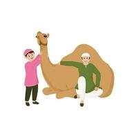 Islamic Man And Boy Holding Camel On White Background. vector