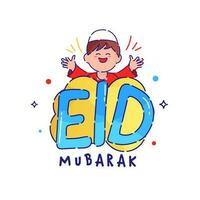 Blue Eid Mubarak Font With Cheerful Islamic Boy On White Background. vector