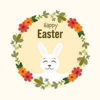 Happy Easter Font With Cute Bunny Face On Circular Frame Made By Floral. vector