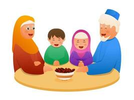 Islamic Family Together At Dining Table With Bowl Full Of Dates Against White Background. vector