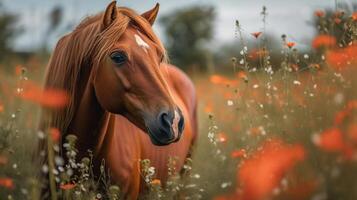 Red horse with long mane in flower field against sky, photo