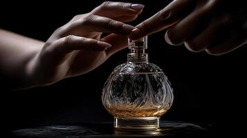 Woman spraying luxury perfume on black background, photo