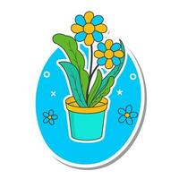 Sticker Style Flower Pot Element On Blue And White Background. vector