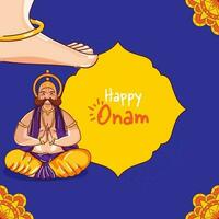 Happy Onam Celebration Poster Design With Vamana Leg On King Mahabali For Blessings. vector