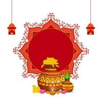 Vector Illustration Of Golden Treasure Pot With Traditional Pot, Lit Oil Lamp Lotus Flowers, Lanterns Hang And Copy Space On White Background.