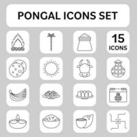 Black Outline 15 Pongal Icon Set On White And Grey Sqaure Background. vector