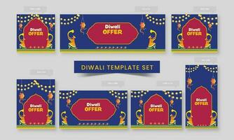 Diwali Sale Social Media Banner And Template Set With Tutari Players In Traditional Attire, Lanterns Hang, Lighting Garland On Blue And Red Background. vector