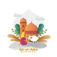 eid-ul-adha Mubarak concepto con islámico joven dama alimentación césped a oveja y mezquita en blanco antecedentes. vector