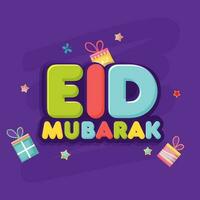 Sticker Style Colorful Eid Mubarak Font With Gift Boxes, Stars Decorated On Purple Background. vector