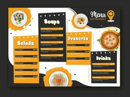 Restaurant Menu Card Template Or Tri-Fold Brochure Layout With Menu Details For Publishing. vector