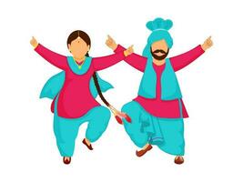 Cartoon Punjabi Couple Doing Bhangra Dance On White Background. vector