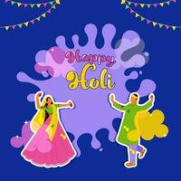 pegatina estilo indio joven Pareja lanzamiento color globos a cada otro en chapoteo efecto azul antecedentes para contento holi celebracion. vector