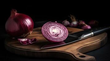 de madera tablero con cortar rojo cebolla y cuchillo en oscuro fondo, generativo ai foto