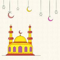Colorful Mosque Illustration With Crescent Moon, Stars Hang And Copy Space On Pastel Pink Floral Pattern Background For Islamic Festival Concept. vector