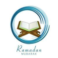 Ramadán Mubarak fuente con abierto santo Corán libro a rehal y circular azul cepillo efecto en blanco antecedentes. vector