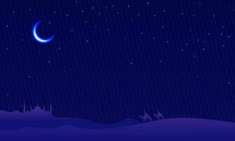 Blue Desert Nighttime Background With Crescent Moon, Silhouette Mosque, People Riding Camel And Copy Space. vector