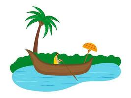 Onam Festival Celebration Background With Coconut Tree And Man Riding A Boat At River. vector