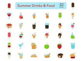 verano bebidas comida vistoso icono conjunto en plano estilo. vector