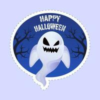 Happy Halloween Font With Funny Ghost And Bare Trees In Sticker Style On Blue Background. vector