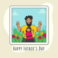 Happy Father's Day Greeting Card With Cheerful Man And His Daughter Giving Peace Sign On Square Frame And Beige Background. vector