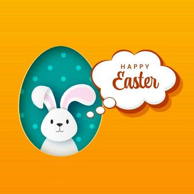 Cute Bunny Saying Happy Easter In Paper Cut Oval Shape On Orange And Teal Bokeh Background.